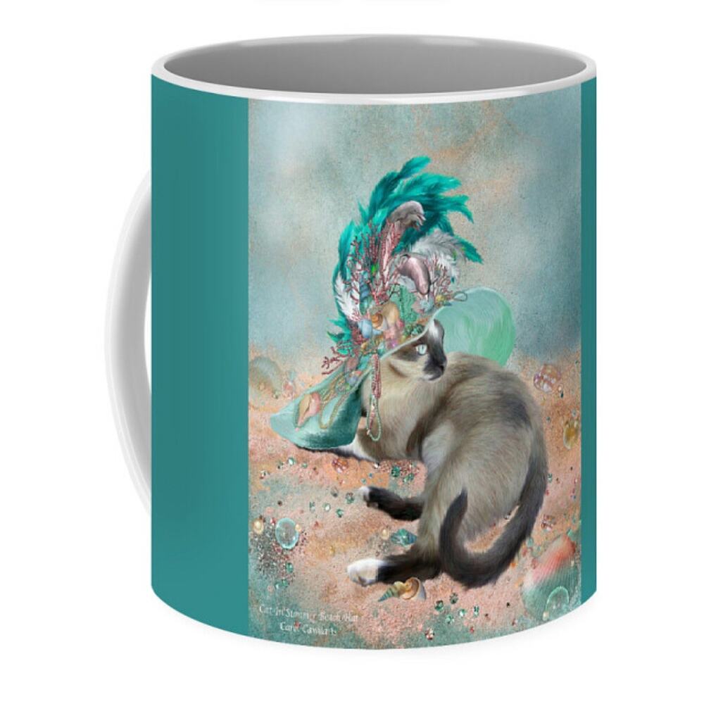 Cat In Summer Beach Hat Mug Art By Carol Cavalaris 11 Oz Blue Coffee Tea